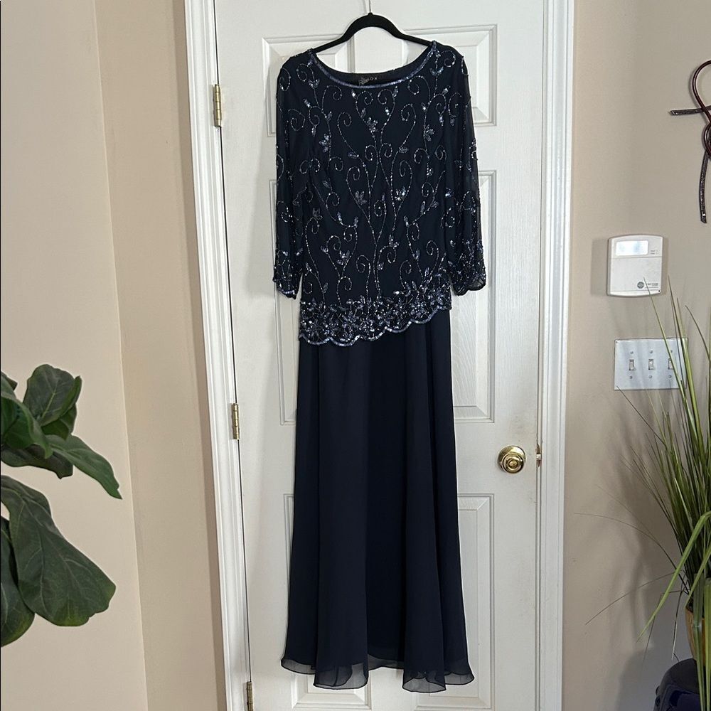 NWT JKARA Women’s Navy 3/4 Sleeve Jewel Neck Maxi Evening Sheath Dress, Size 12